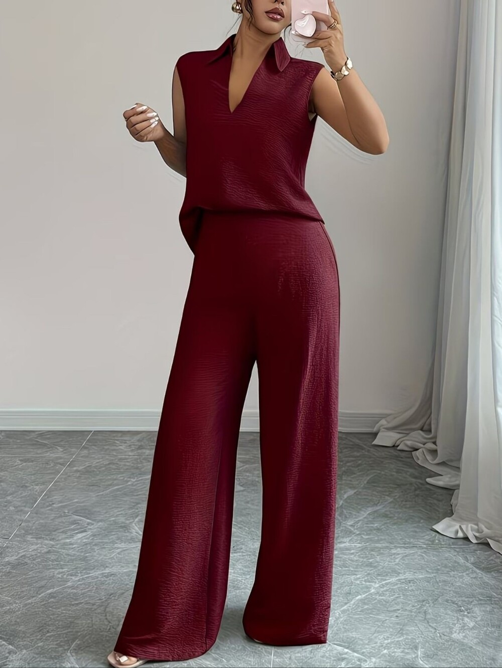 Sleeveless V-Neck Top And Wide Leg Pants Set- Burgundy - Picture 6 of 9